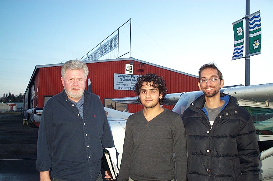 Manoj Shelke with his Flight Instructor Mayank Mittal and Pilot Examiner Paul Harris after the successful completion of Manoj's Commercial Pilot Flight Test on December 19, 2010. 