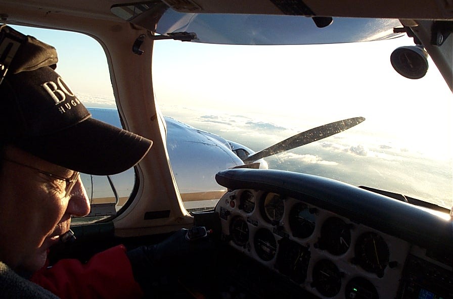 Michel Lahaie at the controls of Seneca GURW during an engine shut-down exercise.  Langley Flying School.