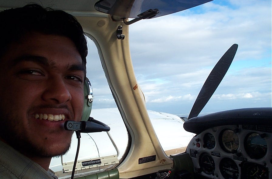 Commercial Pilot Mohit Goyle at the control of Seneca GURW during an engine shut-down drill.  Langley Flying School.