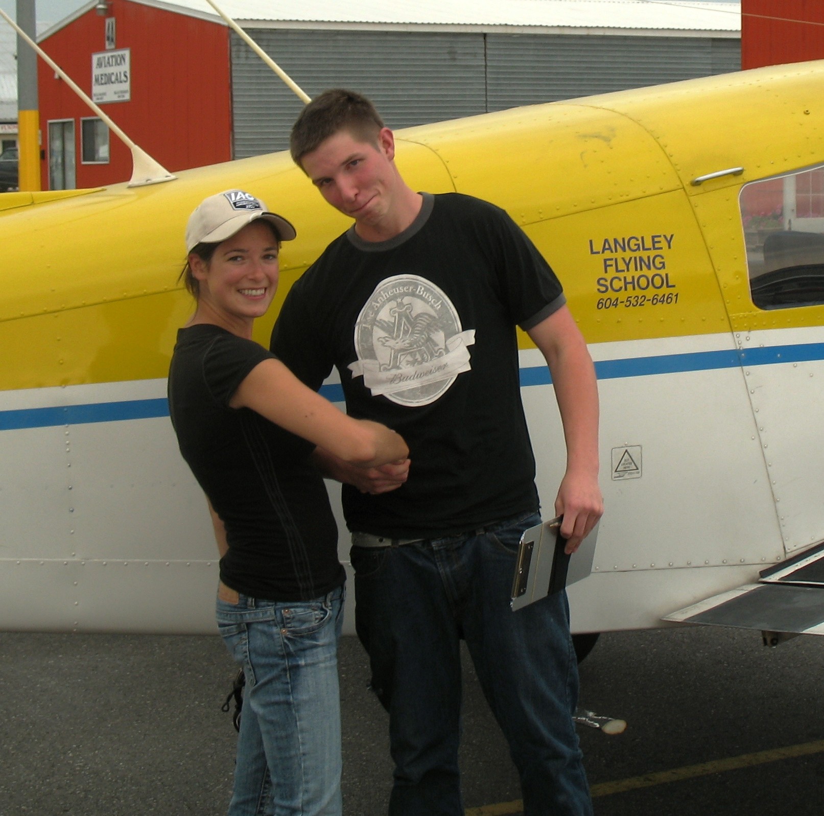 Pat Gaudry with Flight Instructor Denis Gaudry following his First Solo Flight on August 6, 2009.  Langley Flying School.