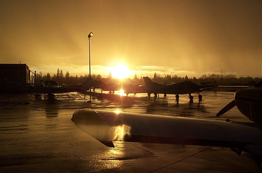 Sunset on the Langley Flying School Ramp after a spring shower.